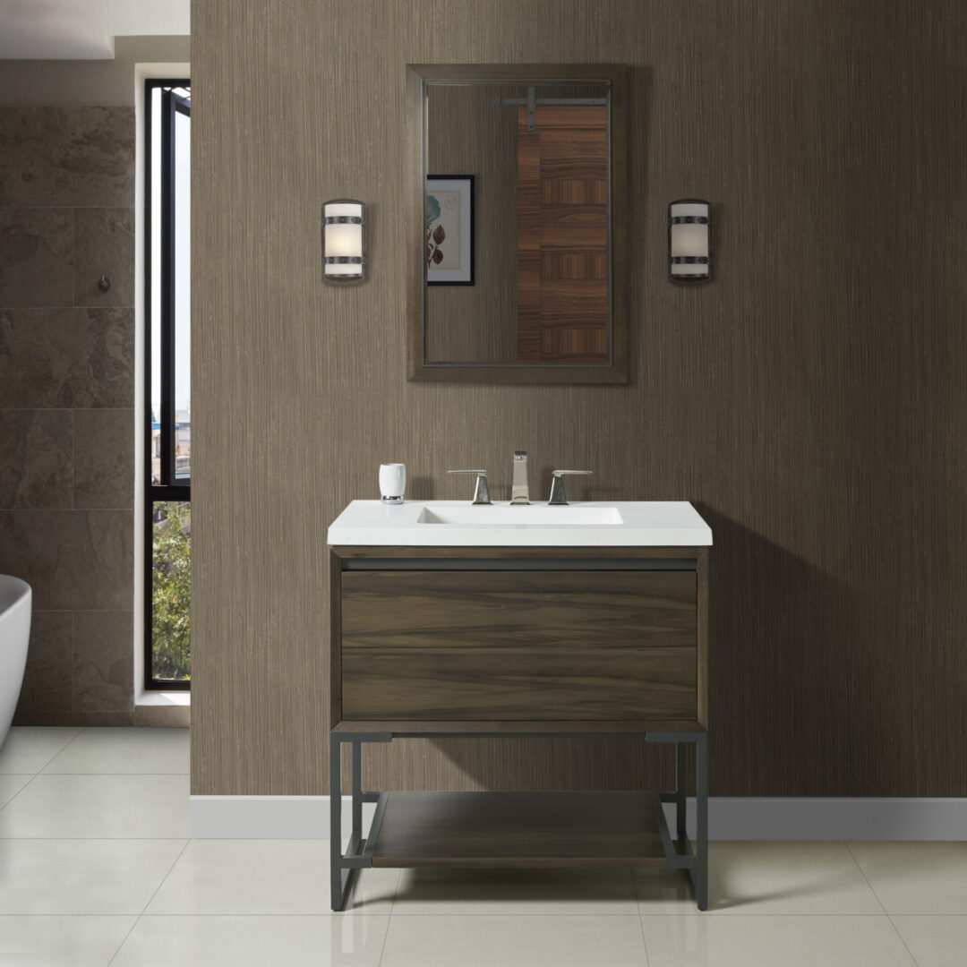 A White Sink With Wood Cabinet Space