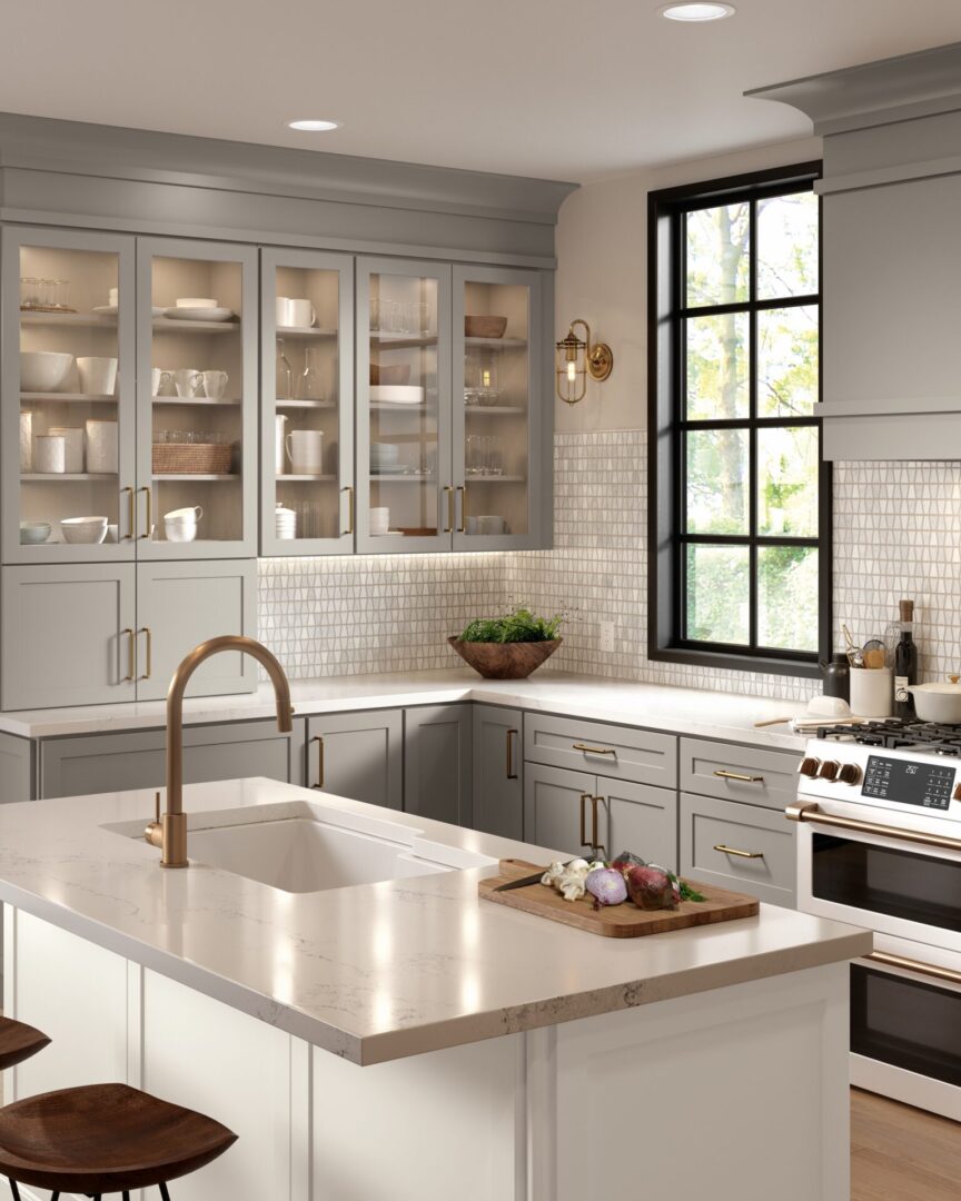 A White Themed Kitchen With Glass Doors