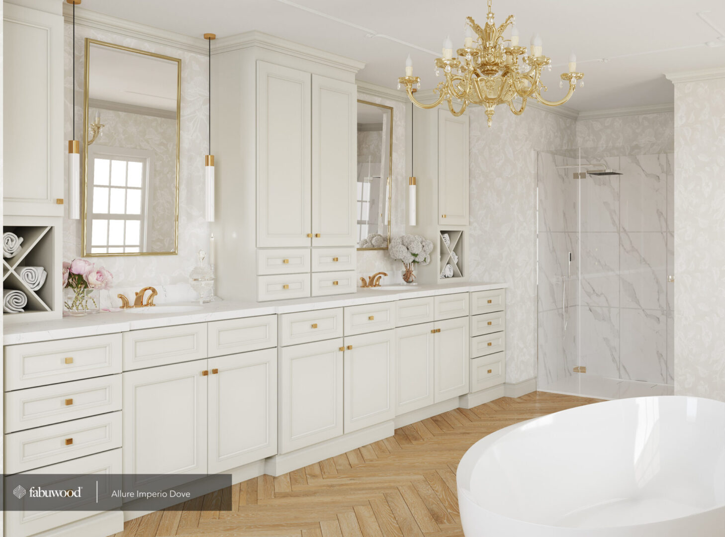 A White Bathroom With Brass Fitting and Chandelier